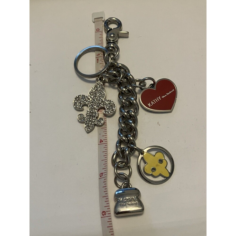 Kathy van Zeeland Silver Tone Fleur de Lis Heart Bag Charm Keychain Purse Fob - Picture 5 of 5
